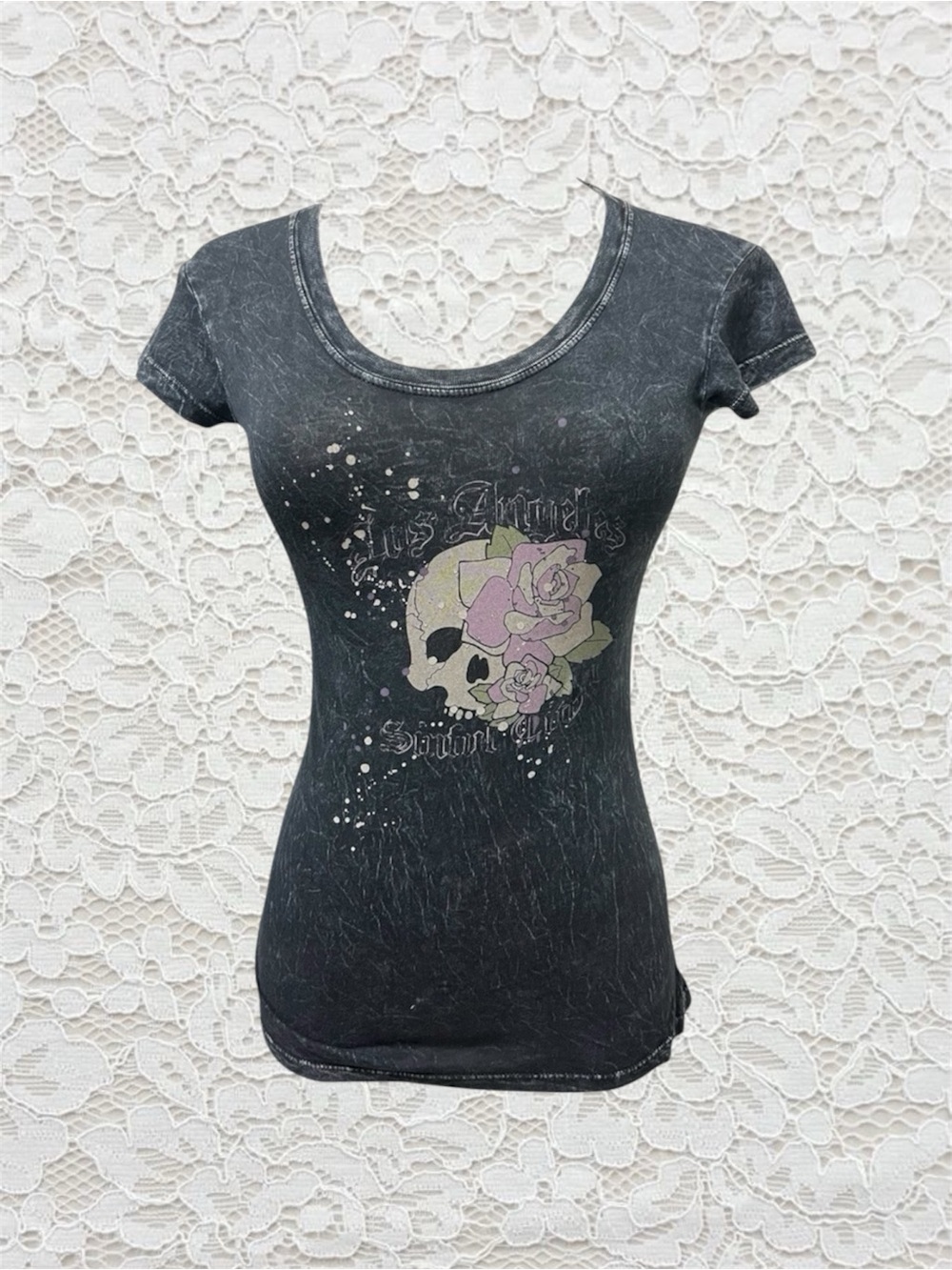 vintage grey skull and rose graphic cap sleeve baby tee